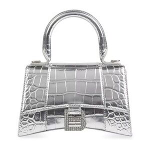 Balenciaga Hourglass Xs Handbag Silver Crocodile Embossed with Rhinestones